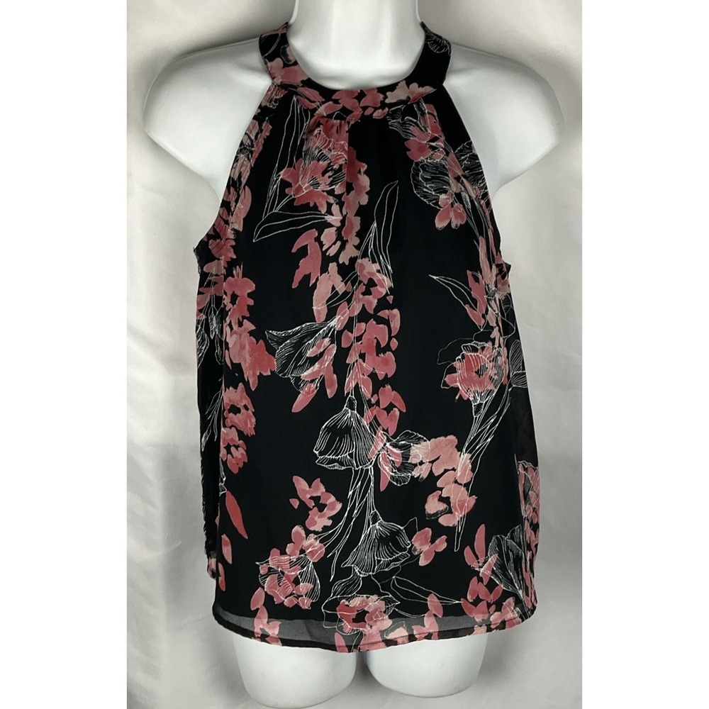 A New Day Womens Small Top Black  Pink Floral Sleeveless Layered Chiffon Keyhole